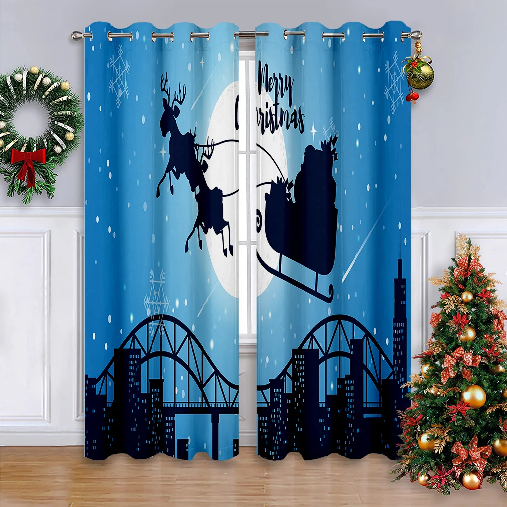 2pcs Christmas Decorative Curtains Featuring A Cartoon Santa Claus Print—Festive Curtains For Dining Rooms And Children's Rooms.