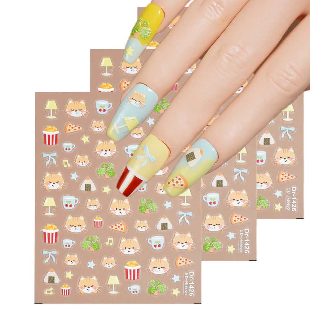 1/5/10 قطعة 5D تنقش لطيف الحيوانات الأليفة القط مسمار ملصقات Kawaii الغذاء ستار القوس الشارات النساء DIY بها بنفسك مانيكير ذاتية اللصق ديكور مع الملقط
