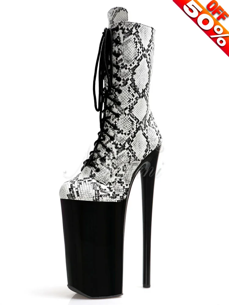 Sexy Fetish lady Shoes 26cm Snake Print Stripper Heels Exotic Ankle Boots Platform Lace Up Strip Pole Dance 10 Inches Clubbing