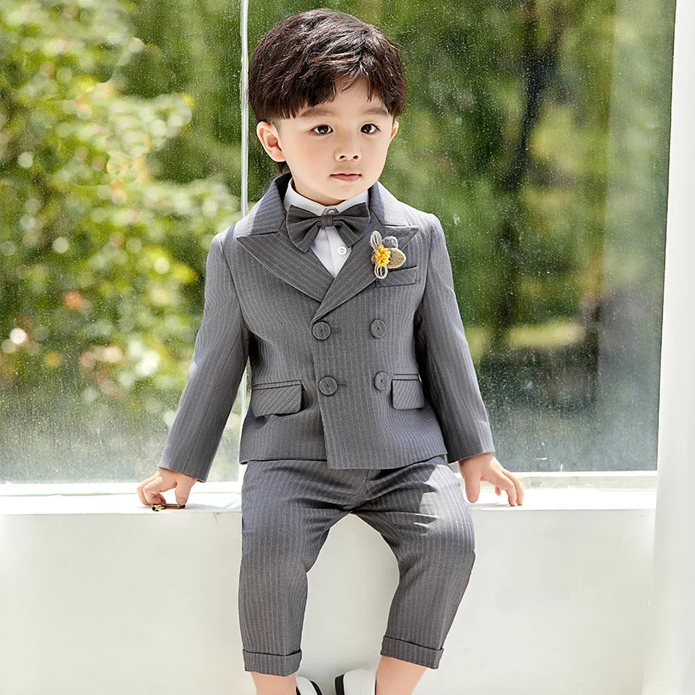 

Pinstripe Suit for Boy Kids Fashion Peak Lapel Double Breasted Suit Casual Party Wedding Tuxedo 2 Piece Blazer with Pants