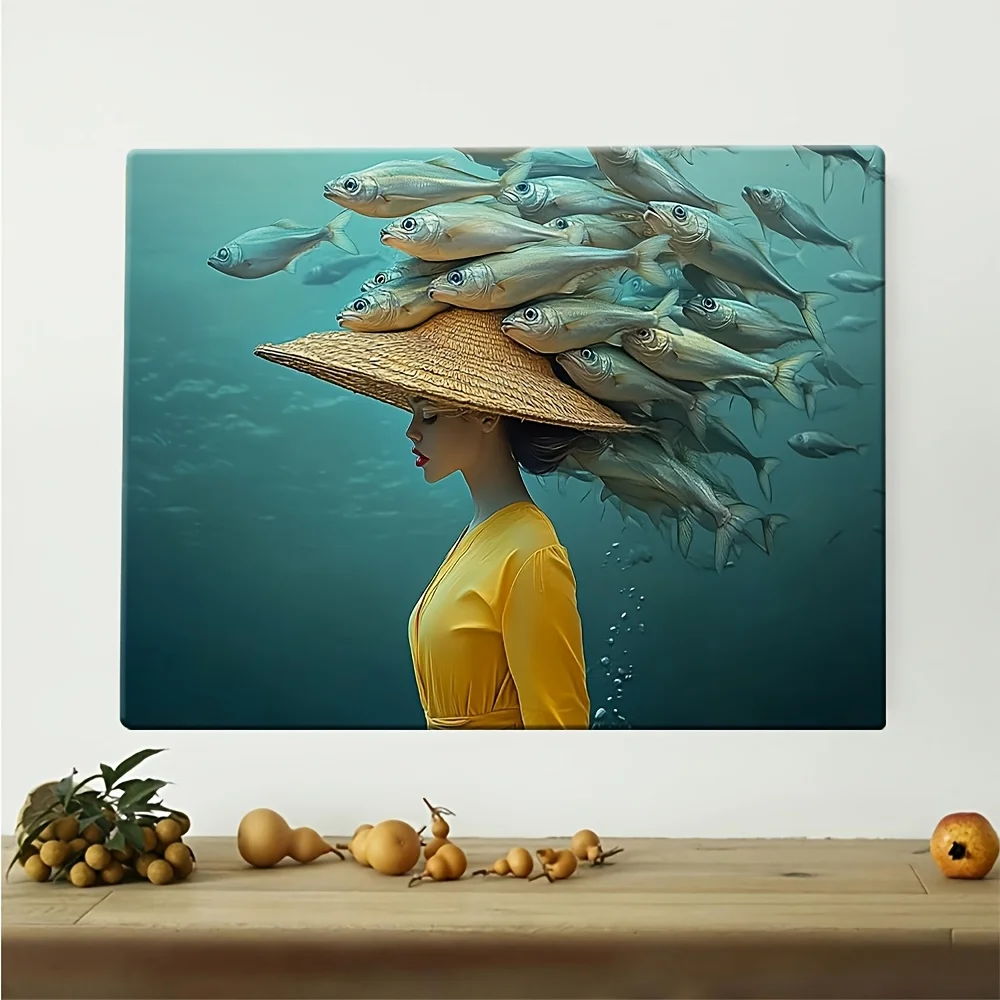 Woman in Yellow Dress and Straw Hat with Leaping Fish Poster Prints Canvas Painting Wall Art Picture for Living Room Home Decor