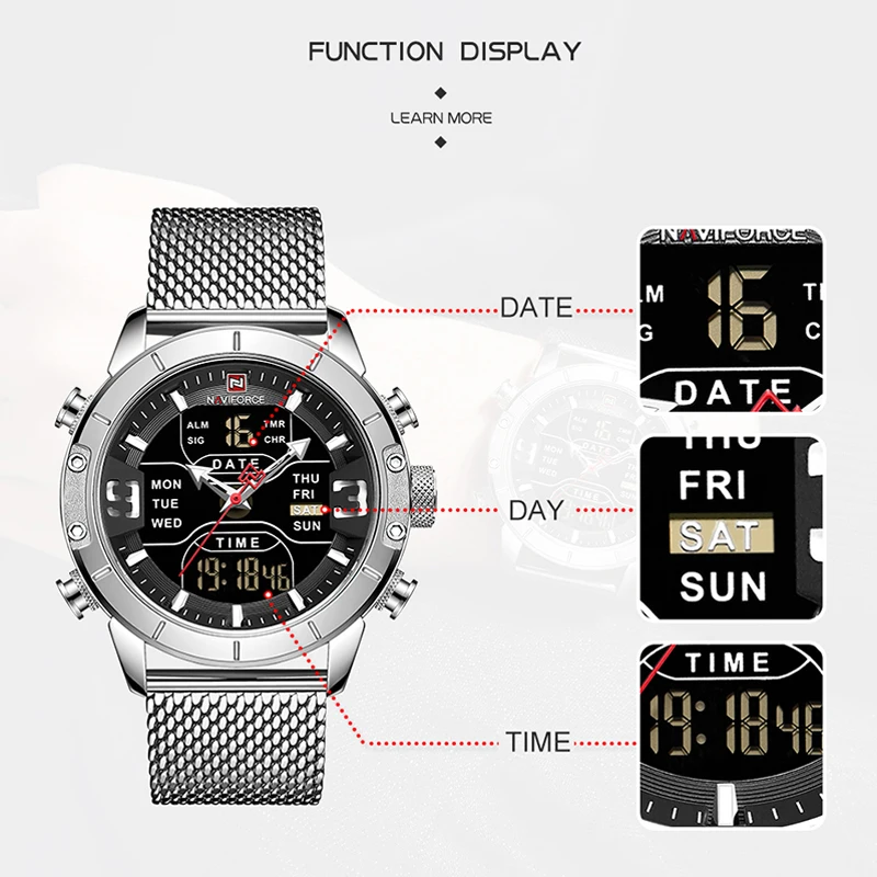 NAVIFORCE Brand Man Watch Fashion Sports Steel Band Waterproof Dual Luminous Display Male Digital Wristwatches Relogio Masculino