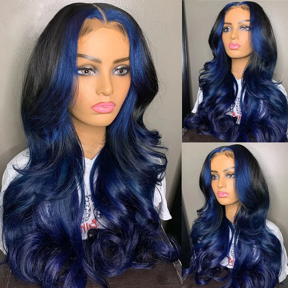 

Synthetic Blue HD Lace Front Wigs Glueless Wigs Pre Plucked 13X4 Ombre Blue / Highlight Burgundy Body Wave Lace Frontal Wigs