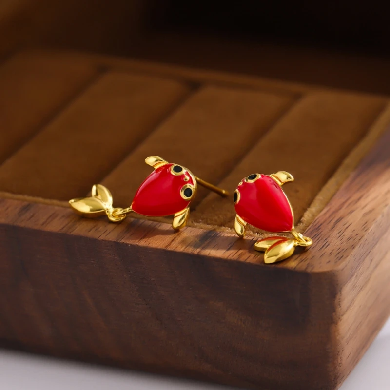 Uini-Tail hot sale new product 925 Tibetan silver cute red big eyes goldfish earrings Chinese style fashion sweet and romantic