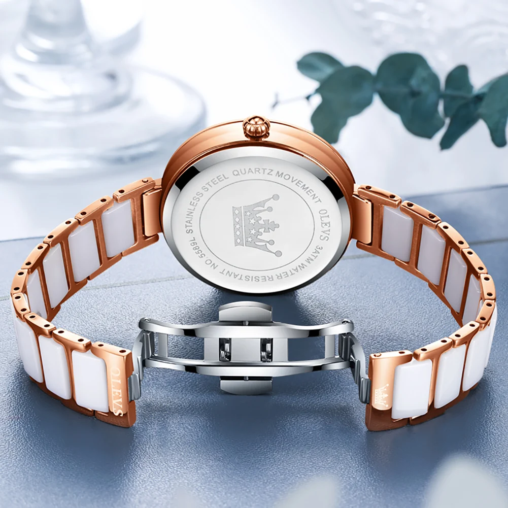 OLEVS Top Brand Watch for Women Luxury Jewelry Design Rose Ceramics Quartz Wristwatches Waterproof Fashion Ladies Watches