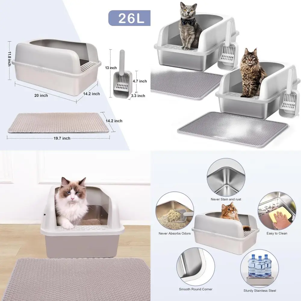 

Extra Large High-Sided Stainless Steel Cat Litter Box with Lid, 20x14.2x11.8, Anti-Leak, Easy Clean, Includes Mat & Scoop
