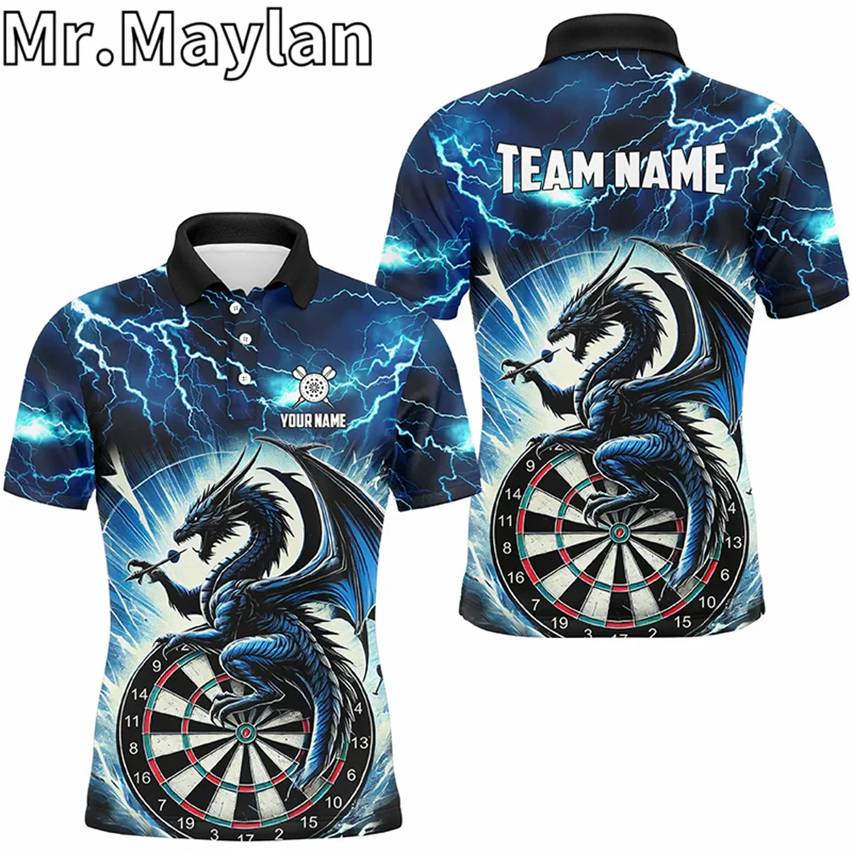 Lightning Thunder Dragon 3D Custom Blue Darts Polo Shirts For Men Darts Team League Jerseys Gifts For Darts Lovers Unisex Tops