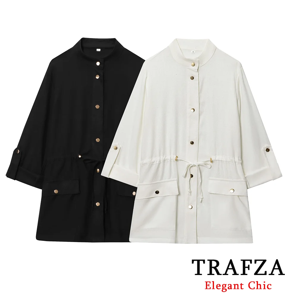 

TRAFZA Women Casual Commute Shirts Waist Lace-up Buttons Pockets Long Shirt 2025 Spring Summer Fashion Simple Versatile Shirt