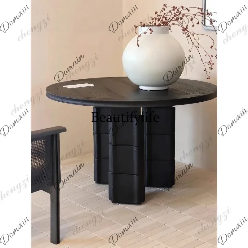 UHV Medieval black solid wood round dining table round table art high-end designer dining table