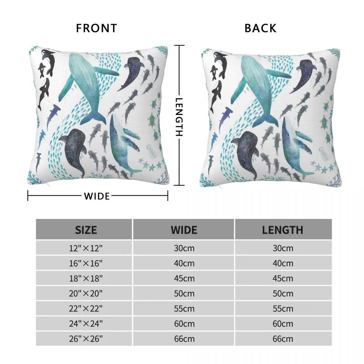 Sharks Humpback Whales Orcas Turtles Square Pillowcase Polyester Linen Velvet Printed Zip Decor Pillow Case Home Cushion Cover