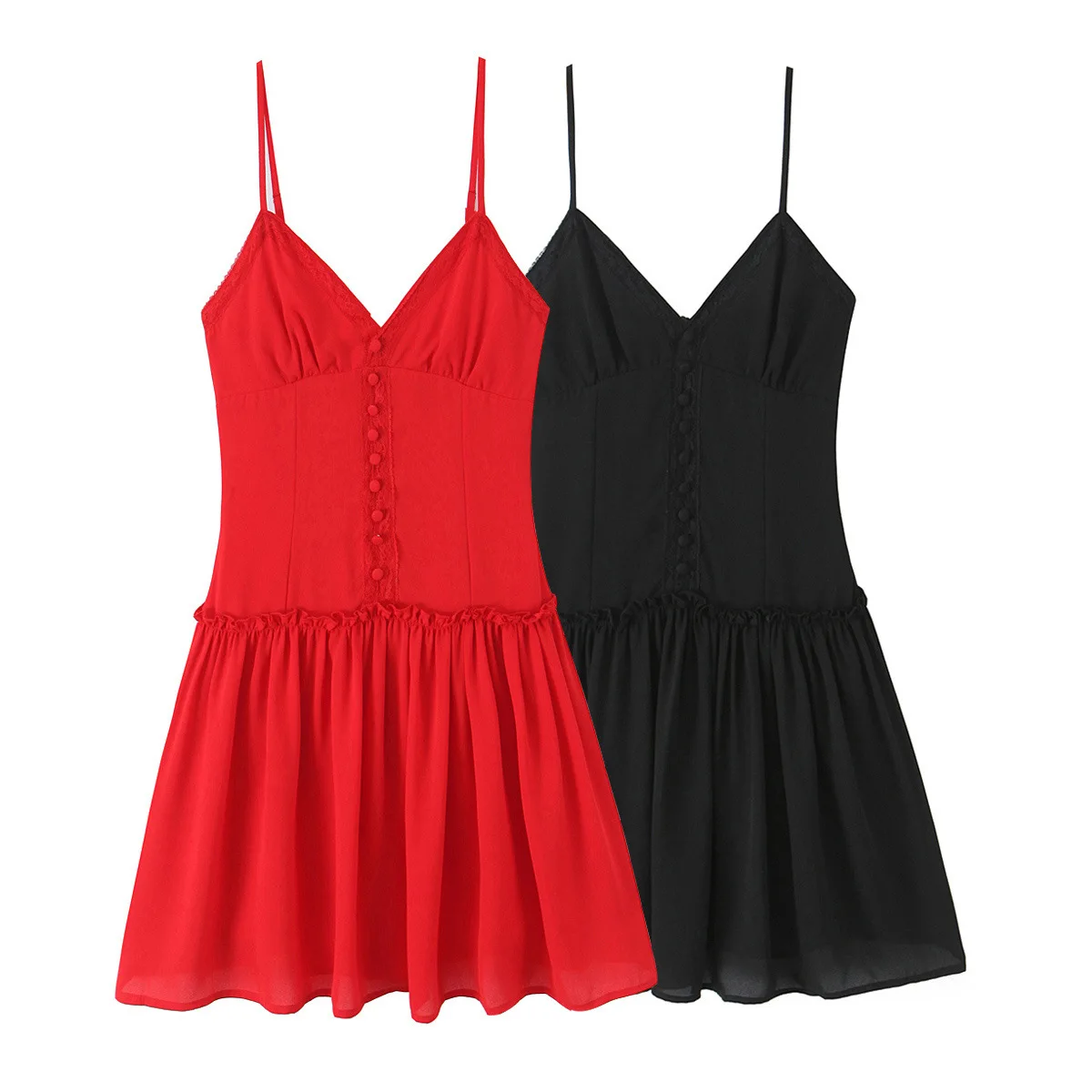 새로운 여성 의류 레이스 버튼 장식 허리 슬림 멜빵 원피스