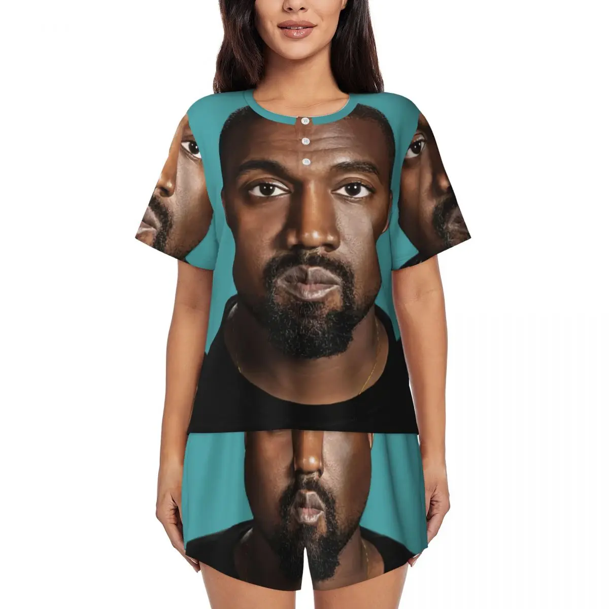 Custom Printed Women Funny Kanye West Meme Pajamas Set Rapper Music Producer 2 Piece Pj Sets Short Sleeve Sleepwear Loungewear