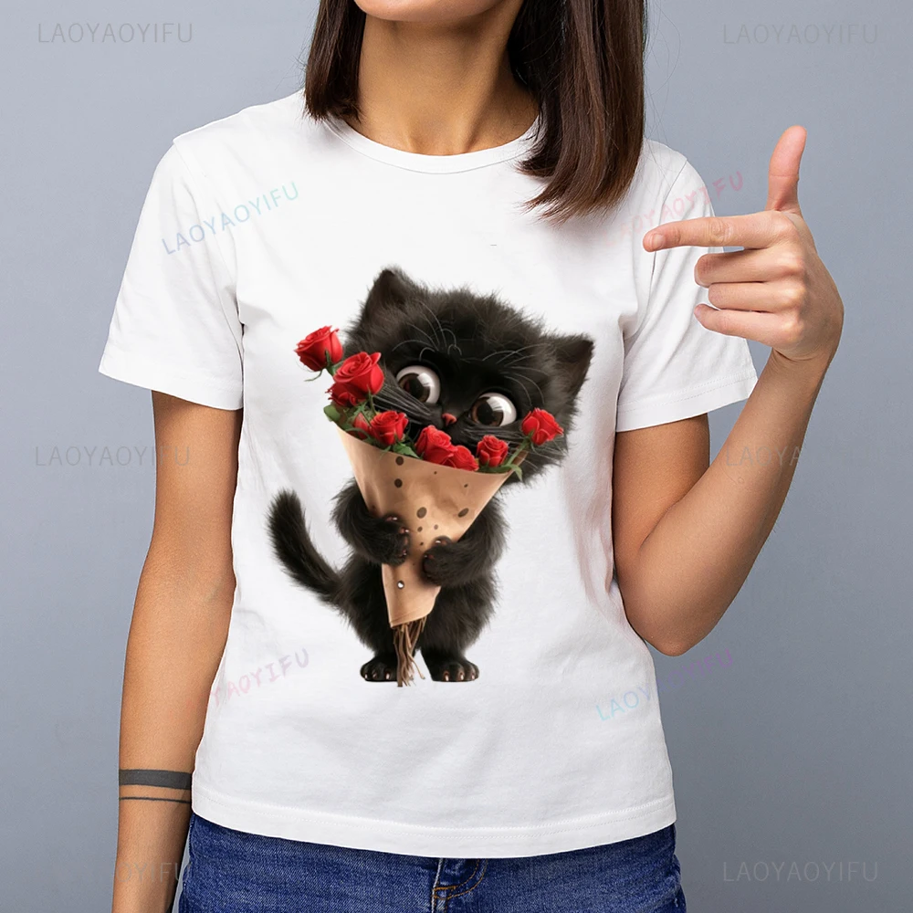 Funny black cat Men's and women's short sleeve printed T-shirt Casual cartoon streetwear new arrival  clothes for women