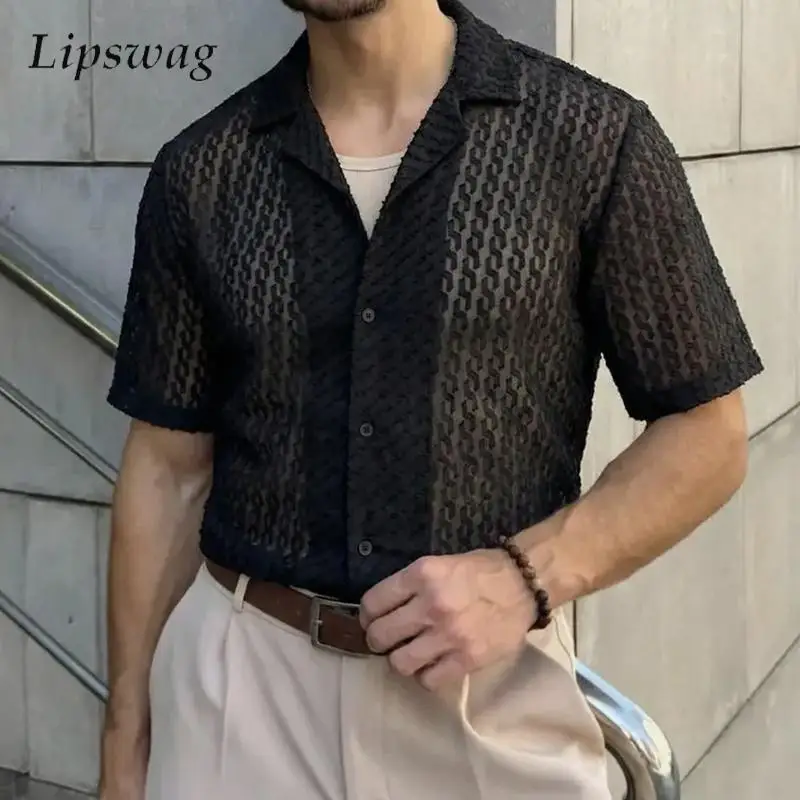 2026 Summer Mens Knit Cardigan Daily Leisure Loose Mesh Short Sleeve Shirts Stylish Solid Color Breathable Hollow Out Shirt