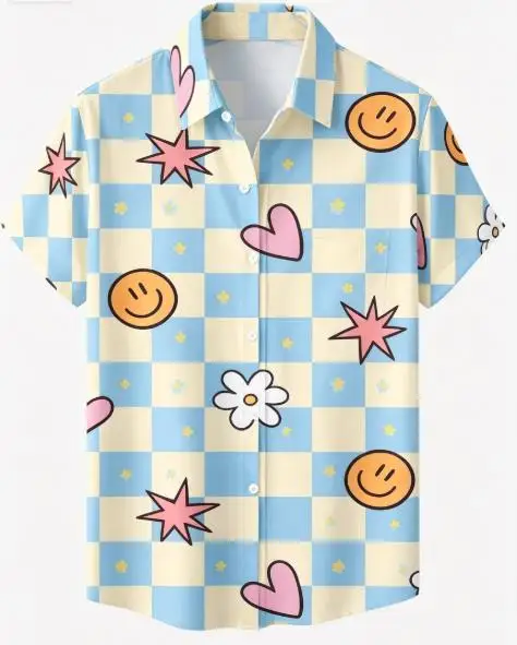 Men Short Sleeve Shirt Green Checkered Smile Heart Flower Print Turn‑Down Collar Button‑Up Summer Top