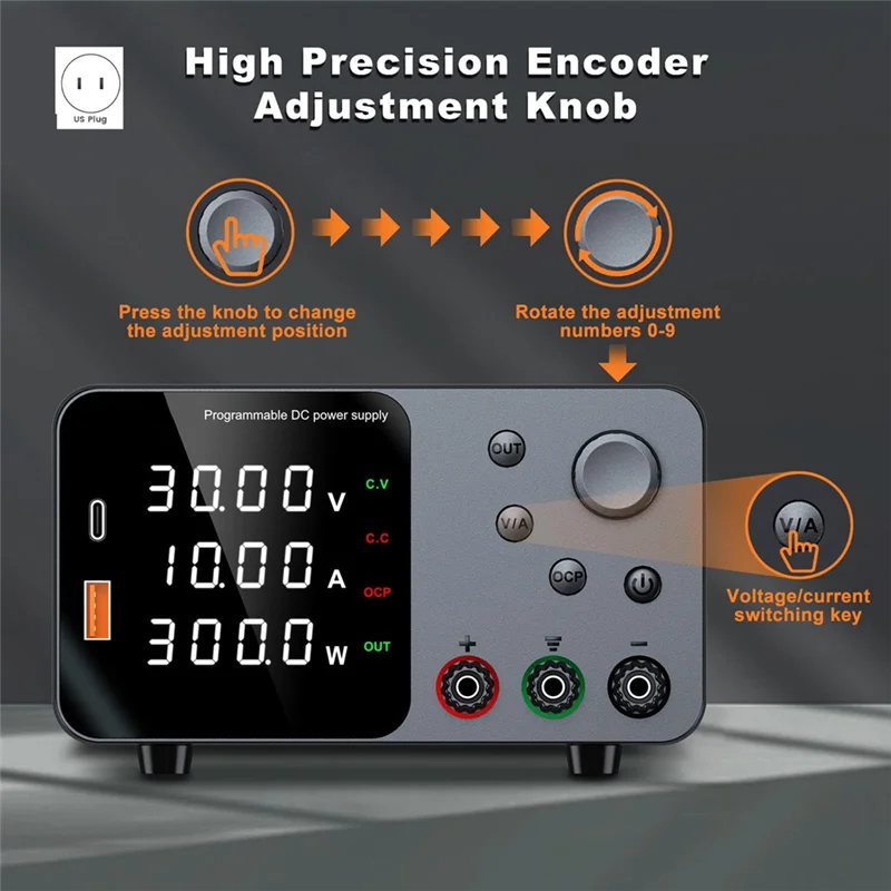 A85I-30V 10A Bench Power Supply Variable Power Supplies With Output Enable/Disable Button USB&Type-C Quick-Charge (US Plug)