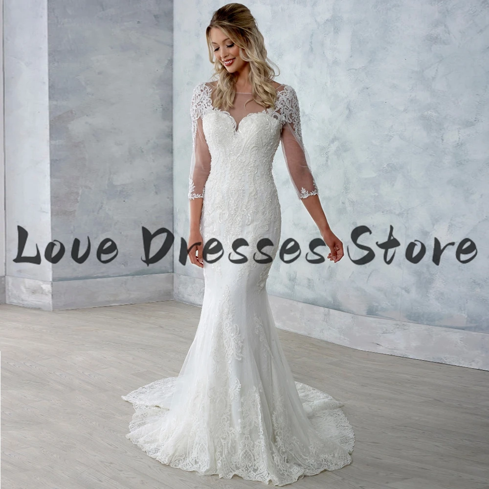 Charming Wedding Dress Customized Illusion Sccop Neck 3/4 Sleeve Appliques Mermaid Bridal Gowns Sweep Train Backless Bridal