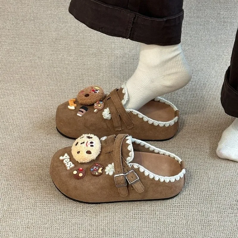Cute Women Suede Closed Toe Mules Flat Slip On Shoes Plush Cookie Doll Candy Charms Lace Trim Buckle Autumn Shoes