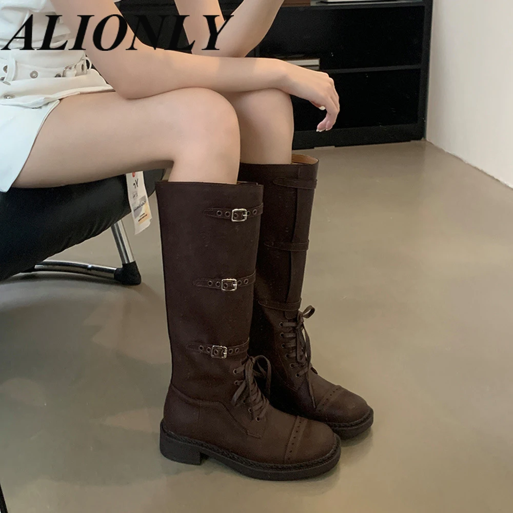 Alionly High Top Boots, salto baixo, pequeno toe quadrado, botas de cavaleiro confortáveis, elegantes e retrô, novo, 2024