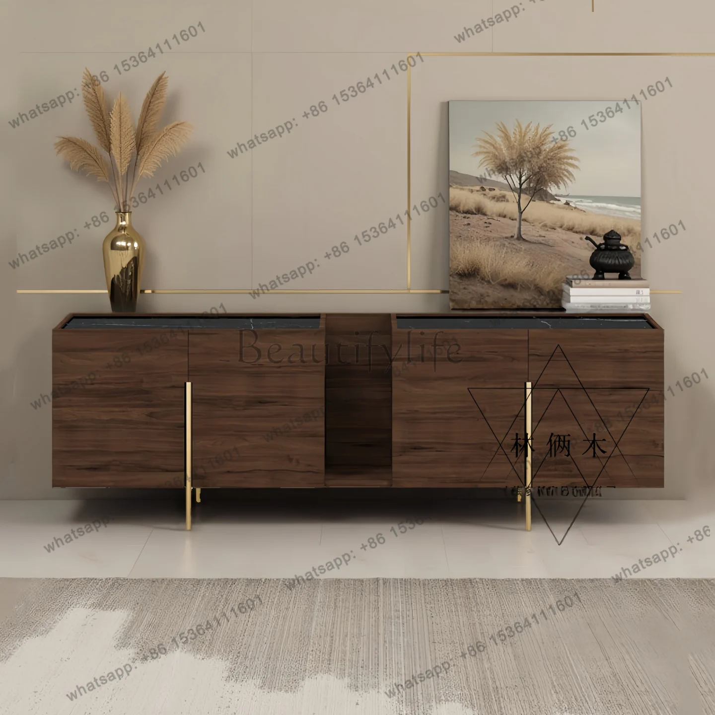 Nordic light luxury TV cabinet walnut marble living room TV locker customization