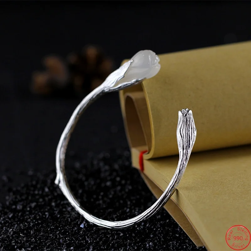 S990 Sterling Silver Charms Bracelets for Women New Fashion Flower Buds Branches Pink Crystal Ethnic Style Bangle Free Shipping