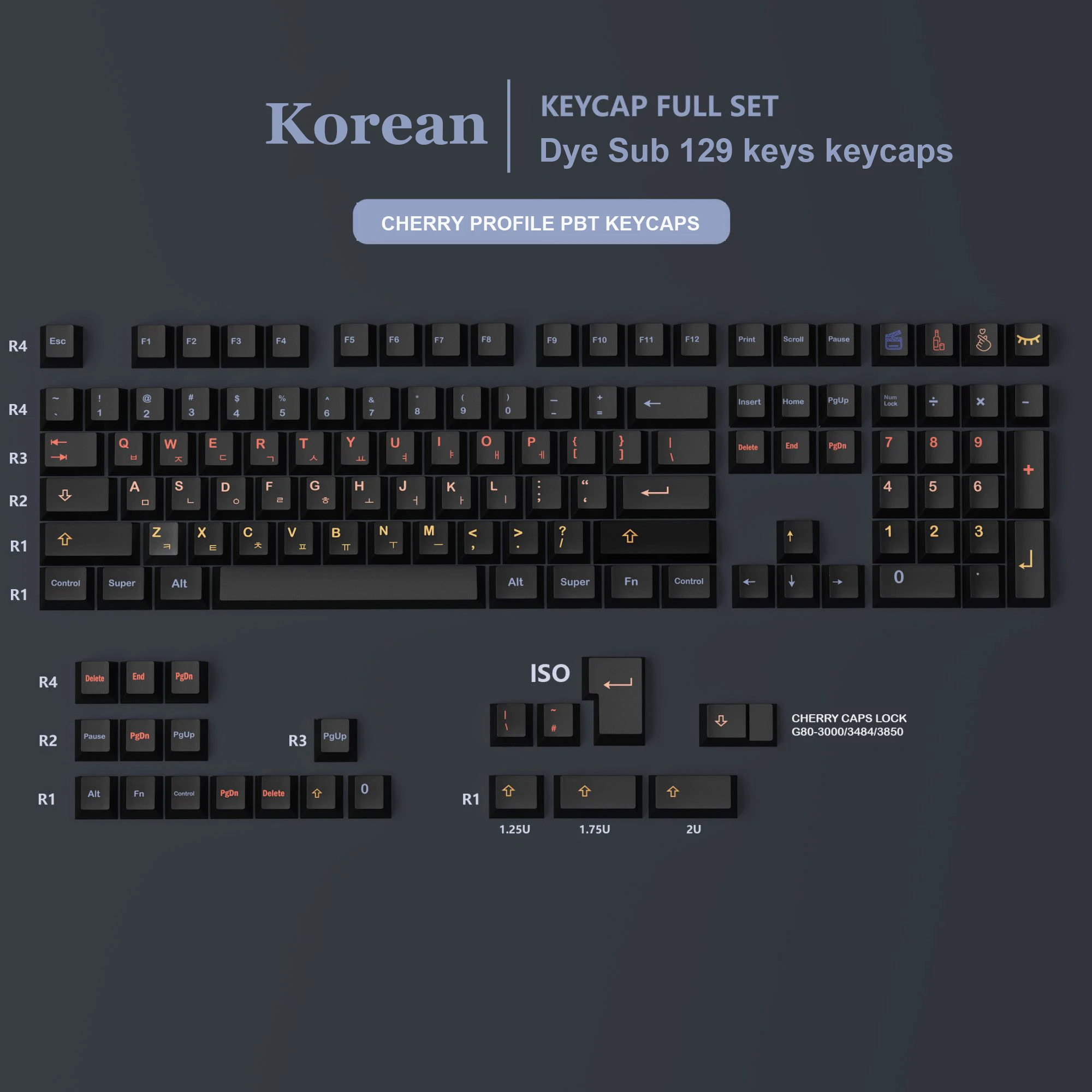 Gateron Cherry MX 스위치 게이머 키보드용 129 키, 체리 프로필 PBT 키캡 염료 서브 베드 키캡, 블랙 한국 레이아웃 키캡