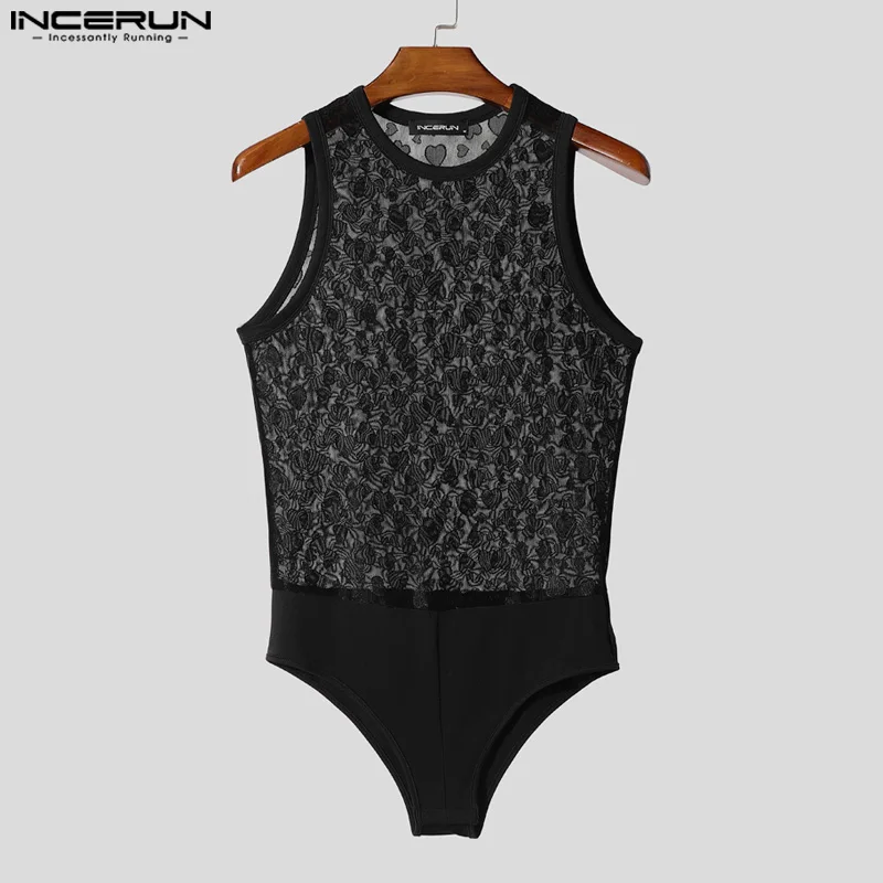 INCERUN Men Bodysuits Printing Mesh Patchwork Transparent Sexy Rompers Sleeveless O-neck Skinny 2025 Fashion Bodysuit Men S-3XL