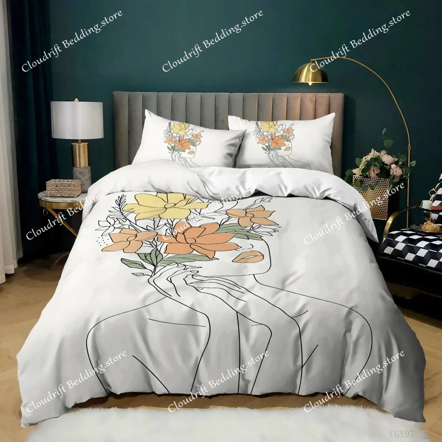 simple-strokes-duvet-cover-set-queen-size-portrait-pattern-woman-with-roses-bedding-set-polyester-abstract-style-comforter-cover