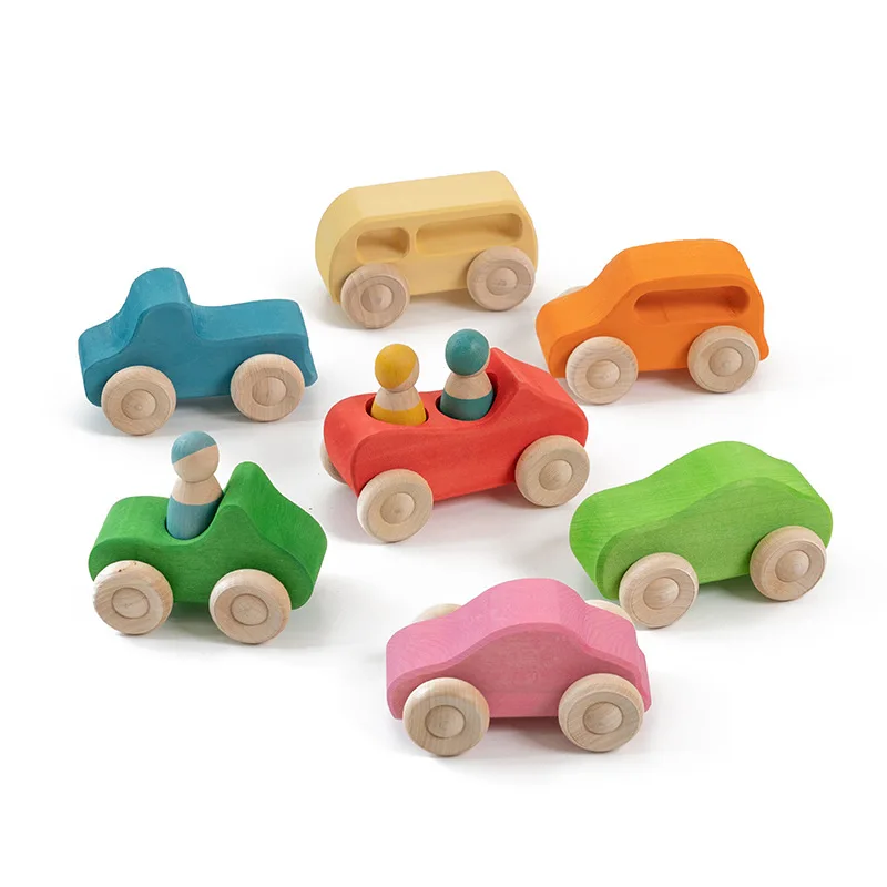 Basswood Rainbow Car Set with Peg Dolls Kids Small World Play Toys Stacking Blocks Waldorf Wood Toys for Children Car Track