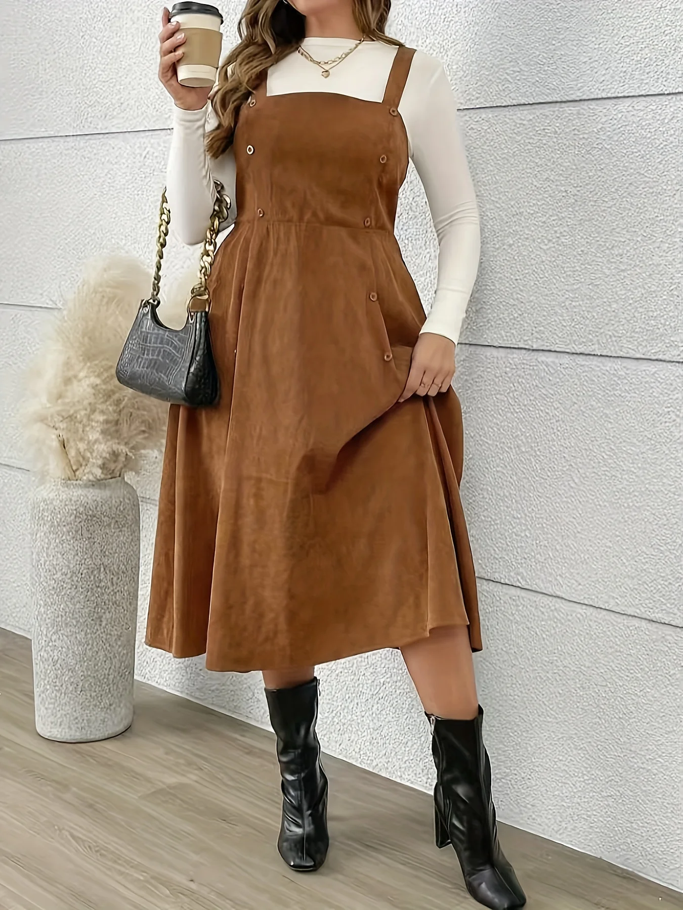 

2025 plus-size fashionable women's retro brown halter dress button dress