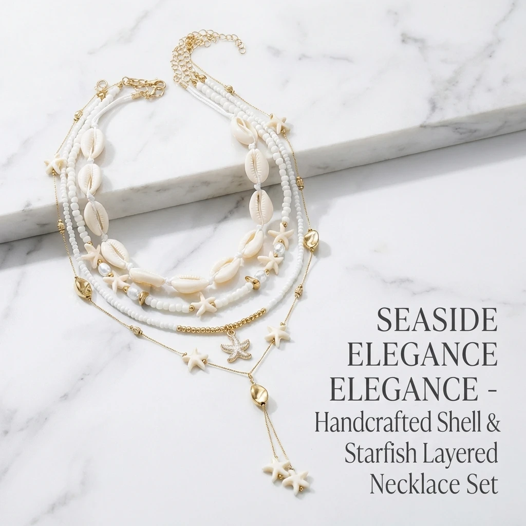 Böhmische Muschel-Seestern-Quasten-Halsketten-Sets für Frauen Handgefertigte Reisperlen-Stapel-Halsketten Trendiger Sommer-Strandschmuck – Detail 5