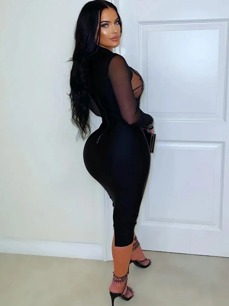 ชุดเดรสยาวแขนยาวสีดำแบบหรูหรา ปี 2026 เสื้อผ้าผู้หญิง ชุดลำลองสำหรับงานปาร์ตี้ งานเลี้ยงตอนเย็น ชุดเดรสทรงดินสอซีทรูวิบวับ เซ็กซี่