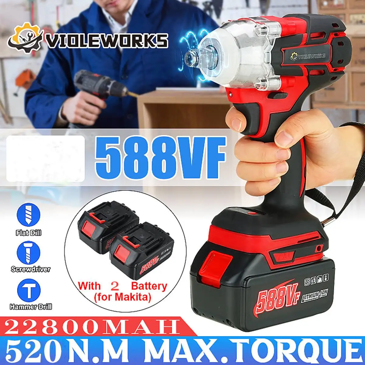 

VIOLEWORKS 520N.m 1/2inch Brushless Electric Impact Wrench Rechargeable Cordless Wrench For Makita 18V Battery