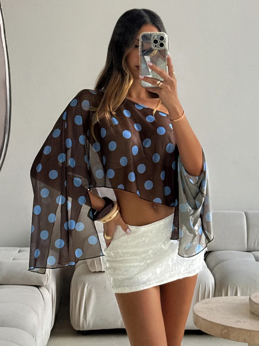 Womens Floral Print Off Shoulder Sheer Long Sleeve Crop Top