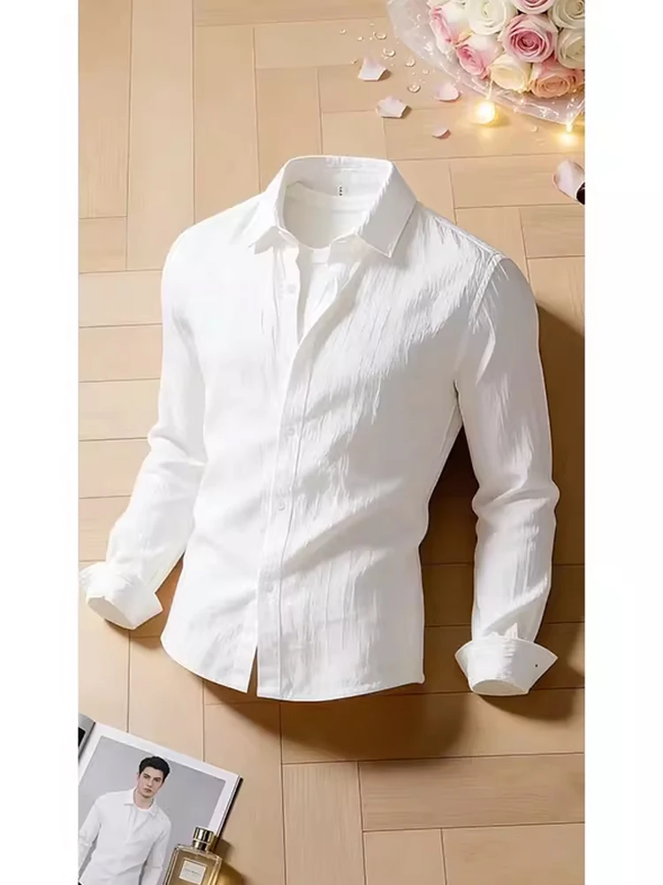 

White Long Sleeve Shirt Men's Slim Fit Business Style Casual Fashion Thin Outerwear Turn-down Collar Standard Polyester Fiber