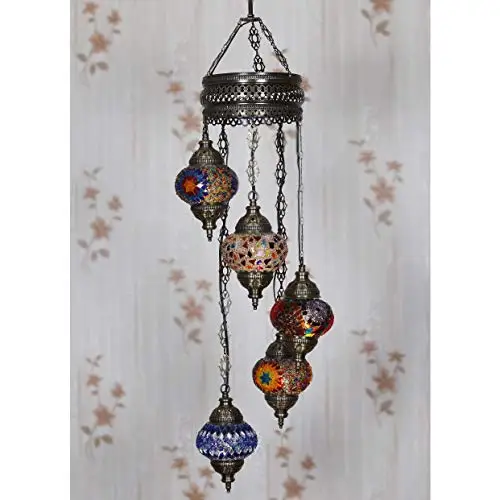 LaModaHome 40 + Unique Colors, 2020 Customizable Chandelier 5 Globes + Free 5 Bulbs, stunning Mosaic Turkish Lamp Moroccan Light