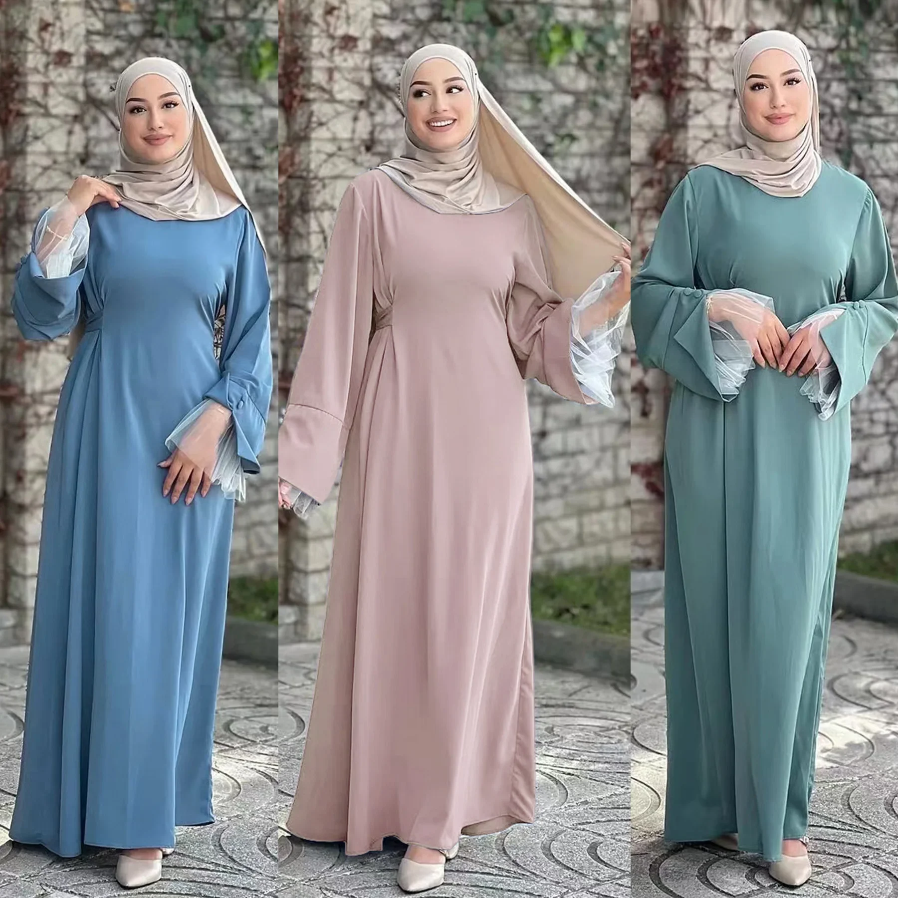 Eid Abaya Dubai Luxury Lace Sleeves Muslim Dress for Women Kaftan Robe Ramadan Islamic Modest Clothing Jalabiya Arabic Vestidos