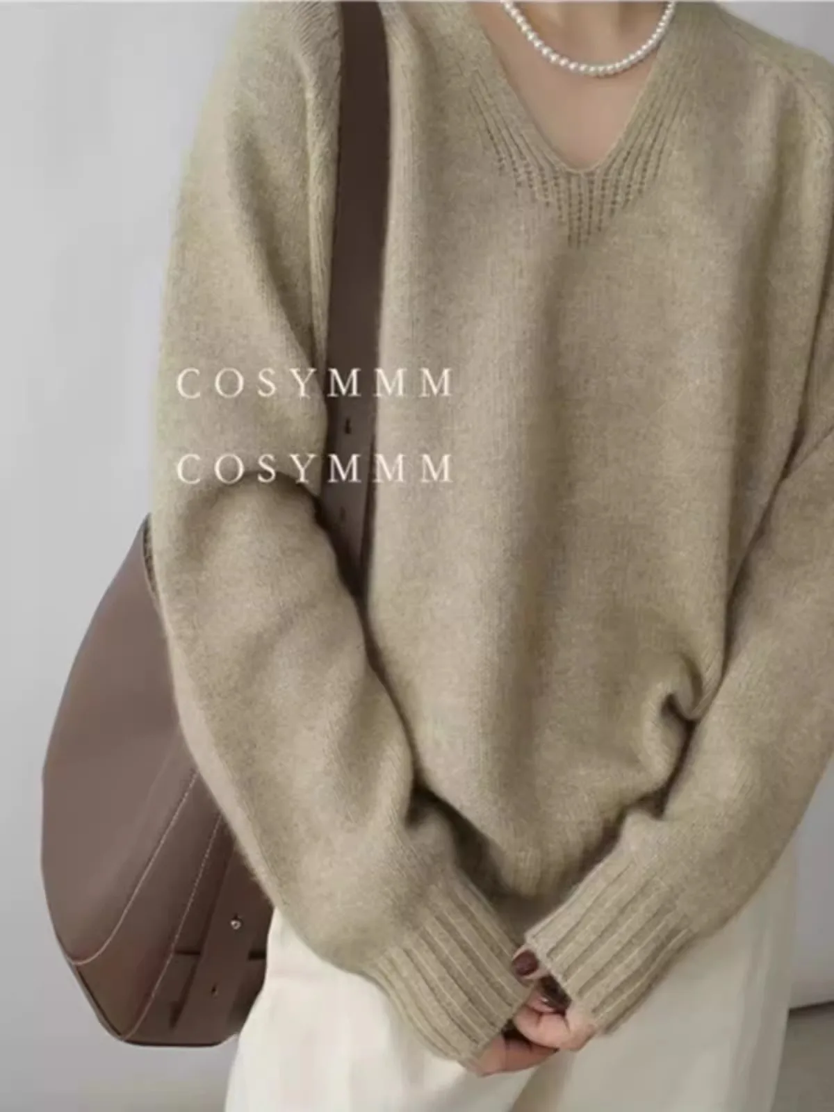 Commuter loose V-neck cashmere knitwear women autumn and winter Korean version large size pullover sweater pure wool base shirt