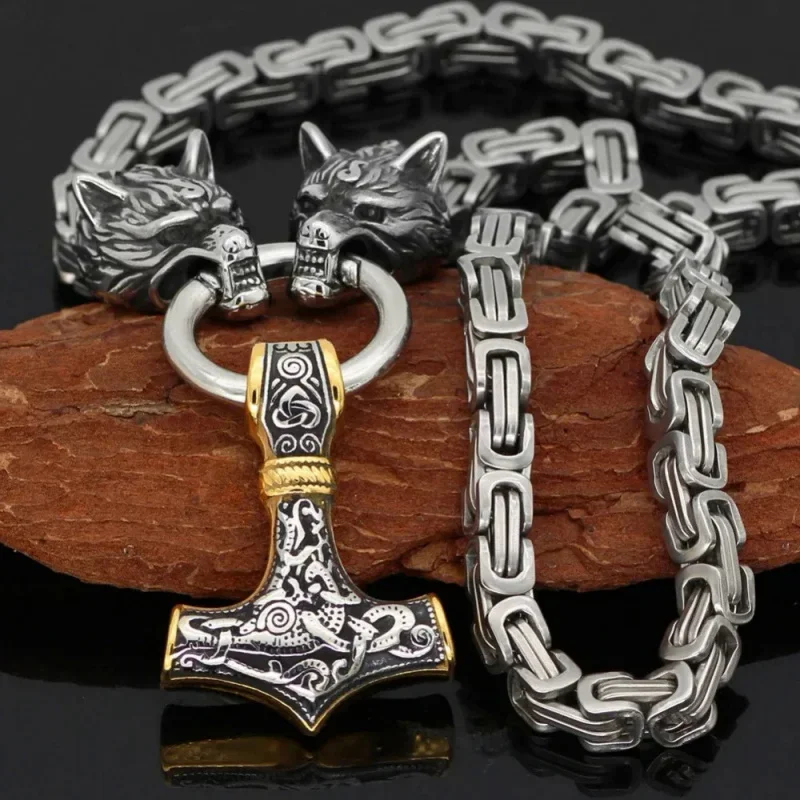 New Exquisite And Fashionable Retro Nordic Viking Hammer Pendant Wolf Head Necklace For Personalized Men'S Amulet Jewelry Gift