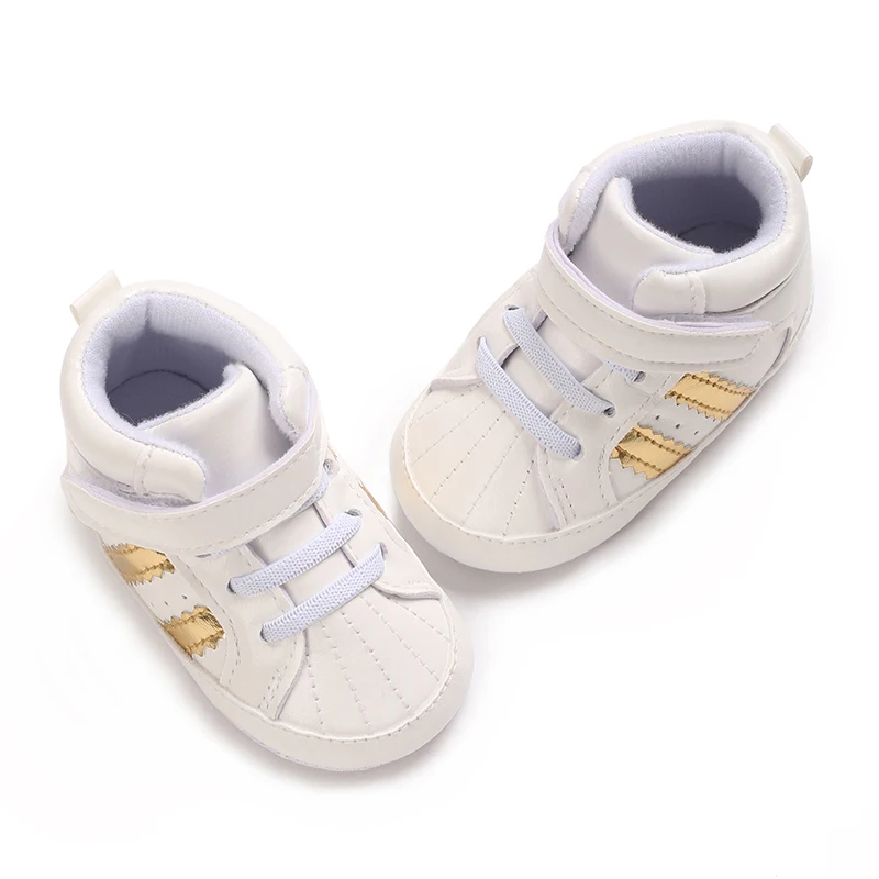 Erste Sportschuhe mit Streifenmuster aus PU-Material für Jungen und Mädchen, geeignet für Babys im Alter von 0 bis 18 Monaten, mit weicher Sohle, bequem und leicht. – Detail 9