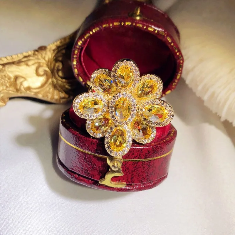 Gold‑Tone Large Flower Cluster Statement Ring, Multi‑Layer Oval Color Gemstones, Ornate Rhinestone Evening Banquet Finger Band