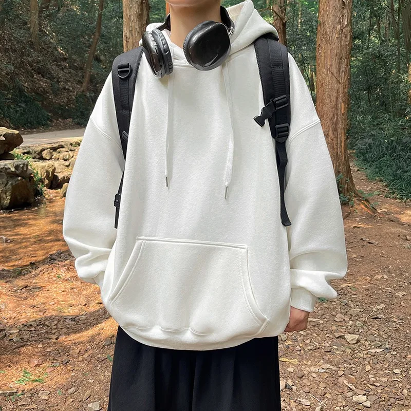 

Толстовка мужская однотонная корейская одежда, весенне-осенне-зимняя толстовка с капюшоном для пары, свободная чистая черная тонкая куртка, толстовки для мужчин