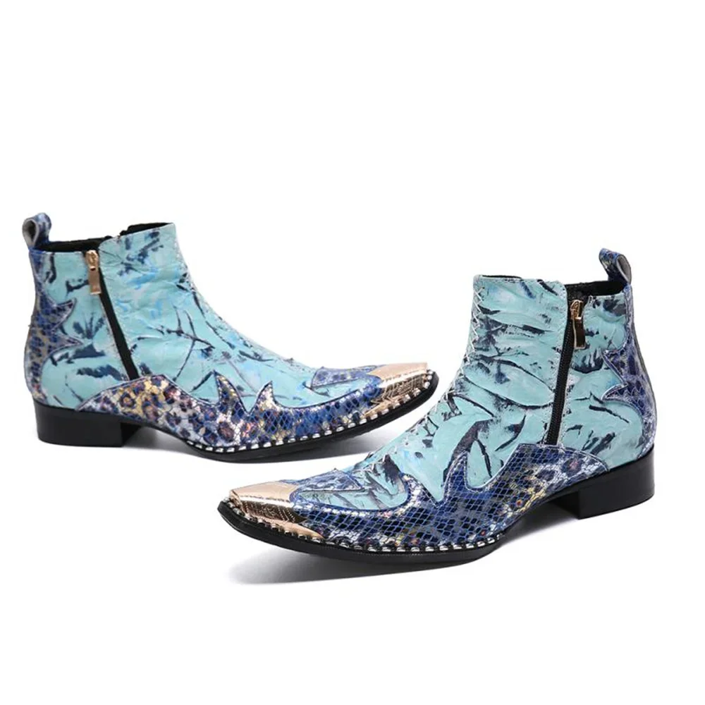 Blue Printing Bordered Zipper With Metal Genuine Leather High Heels Pointed Toe Boots Male Plus Size Fashion Party Dress Shoe