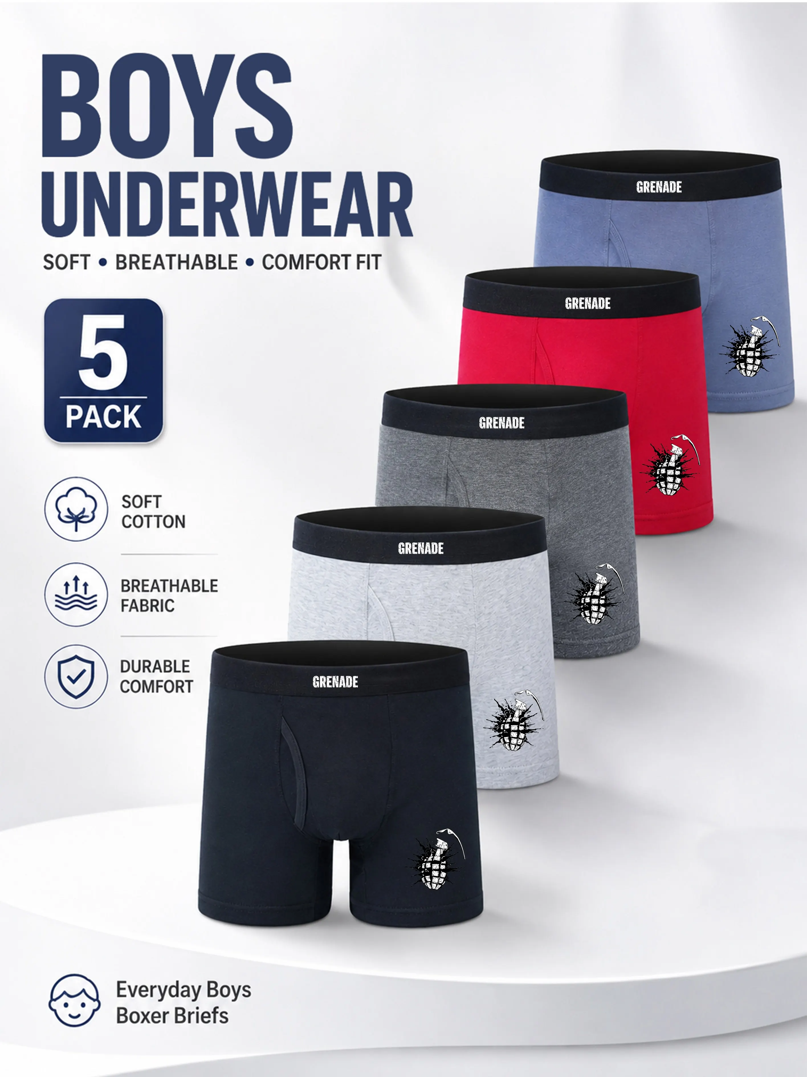 5PCS Boys' Adventure Capybara Print Boxer Briefs Soft Breathable Underwear 95% Cotton 5% Elastane Comfortable Children's Boxers