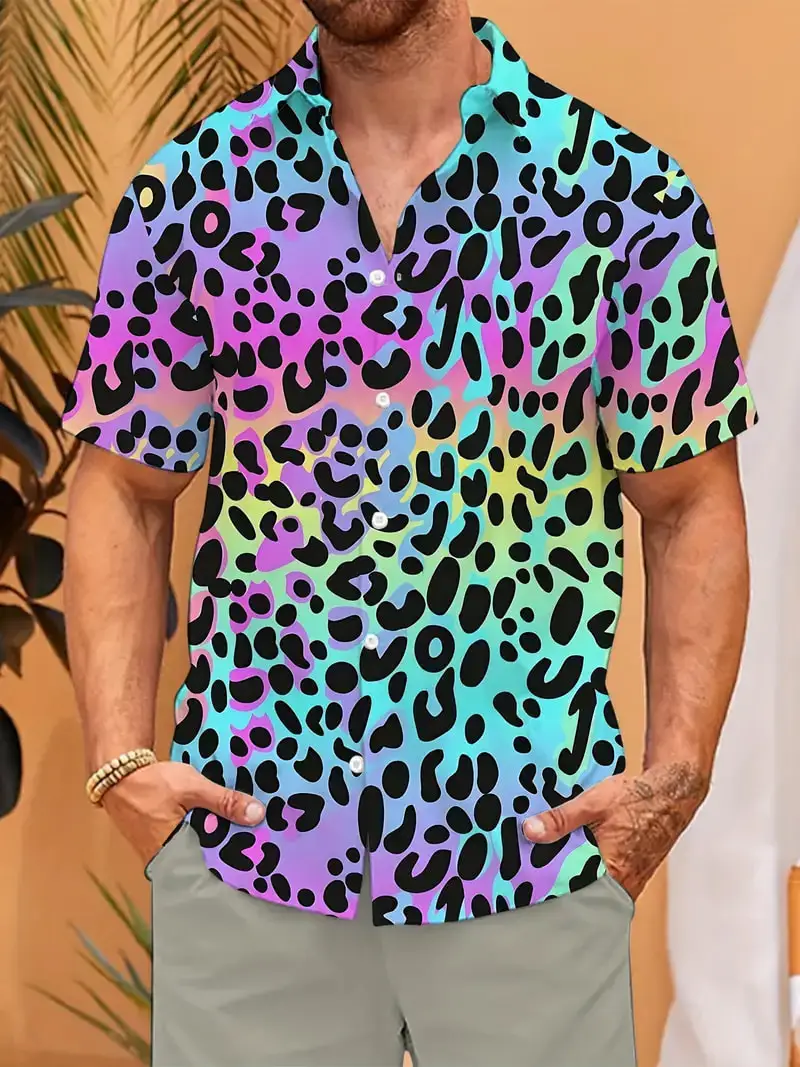 

3D Colorful Leopard Print Pattern Men's Shirts Summer Short Sleeve Lapel Shirt Top Casual Vacation Resorts Button Up Beach Shirt
