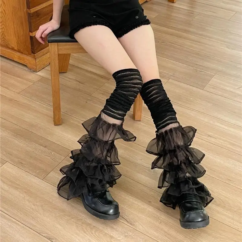 Women's Tiered Ruffle Lace Trimmed Leg Warmers Stacked Design Flower Mesh Socks for Dance Practice and Themed Event 6XDA
