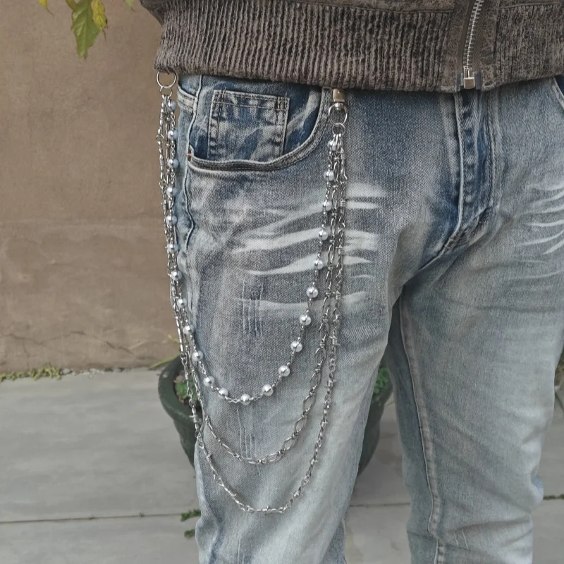 

2025 New Model Silvery Rivet Three Layers Concise UNISEX Punk Pants Chain Jeans Decoration Light Luxury Goods Accessories