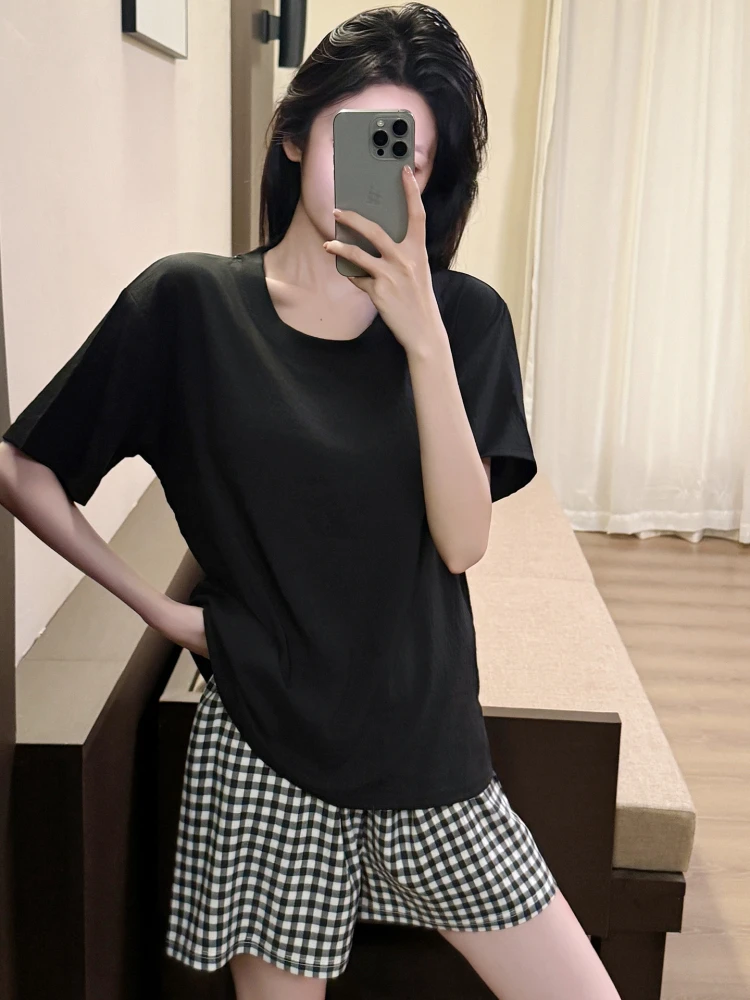 

Новый женский комплект для сна 2025 года: пижама с коротким рукавом и шортами, с подкладкой на груди, однотонная, в клетку, для дома, в милом студенческом стиле