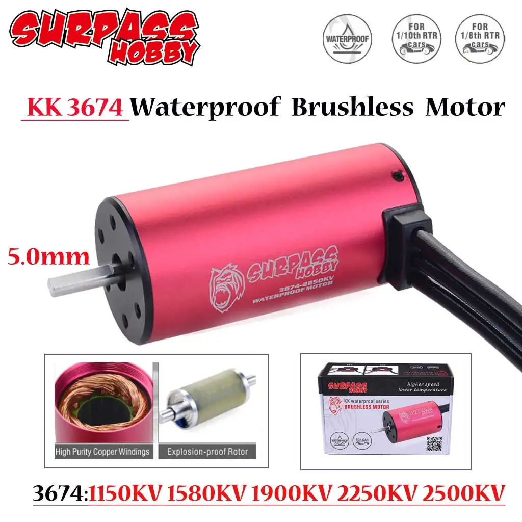 SURPASSHOBBY KK 3674 2500/2250/1900/1580/1150KV Waterproof Brushless Motor 5.0mm for RC Car 1/10 1/8 Scale Drift Racing Off-road