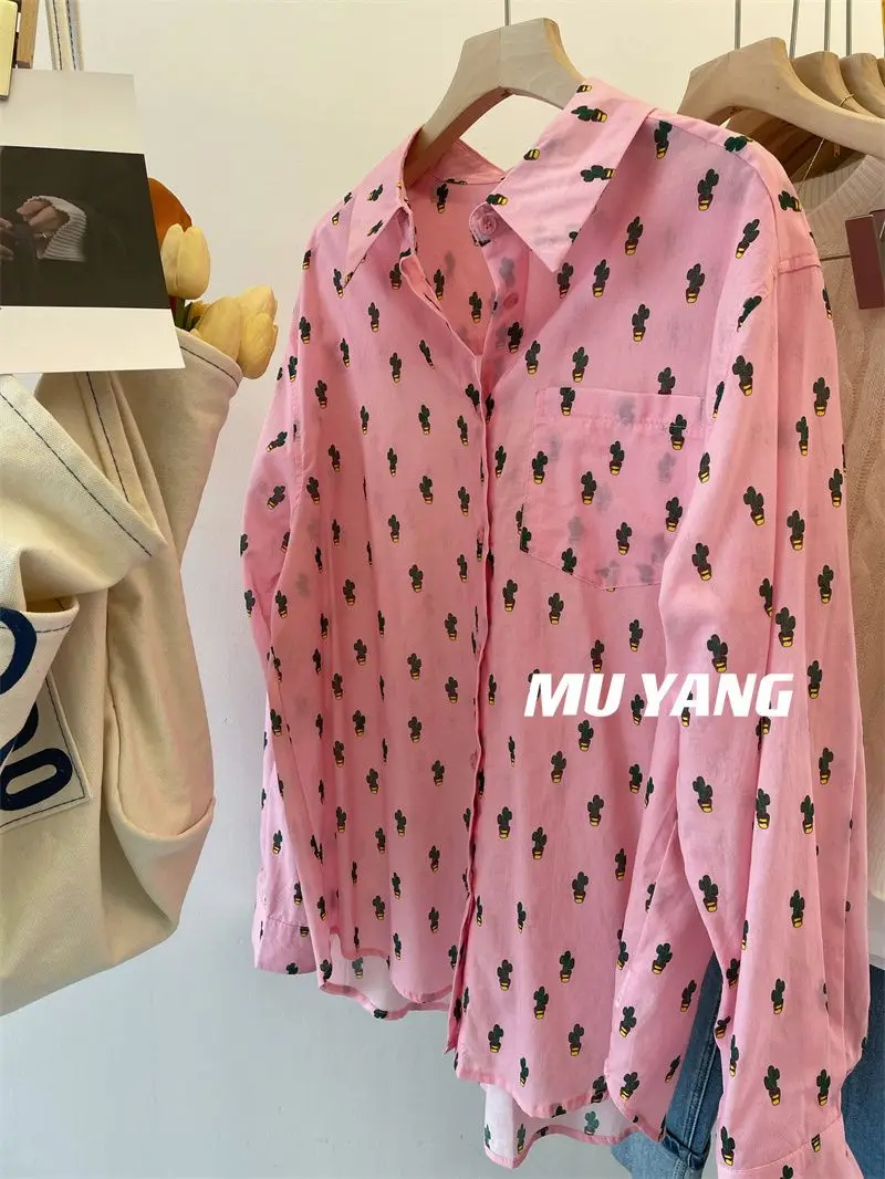 2024 New High-quality Cactus Powder Shirt for Women Slimming and Loose Printed Shirt